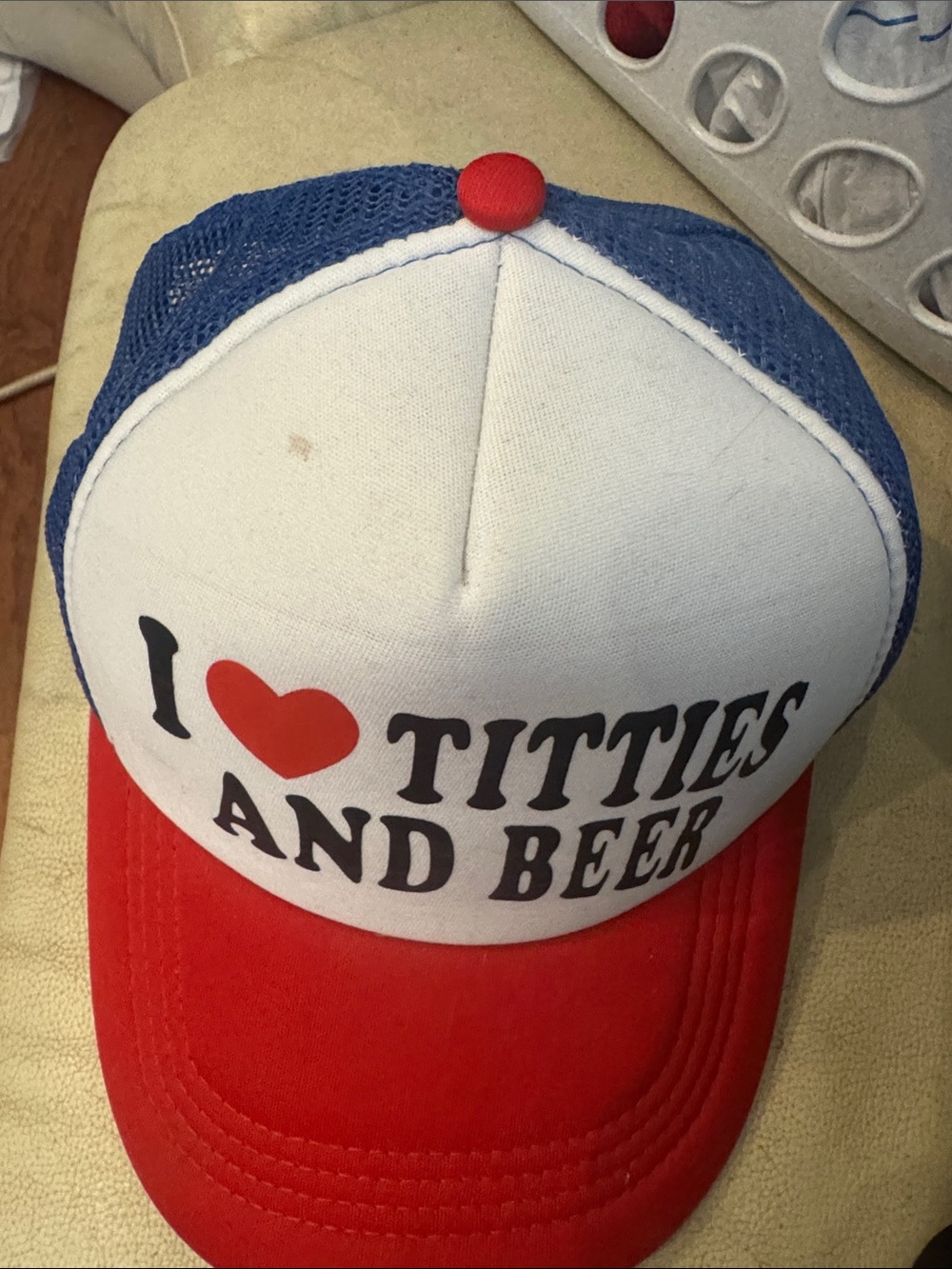I Heart Titties And Beer Trucker Hat - Red White Blue